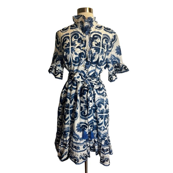 Uncle Frank's Dresses & Skirts - Uncle Frank Tile Pattern Dress Size Small Blue White Ruffle Collar Belted